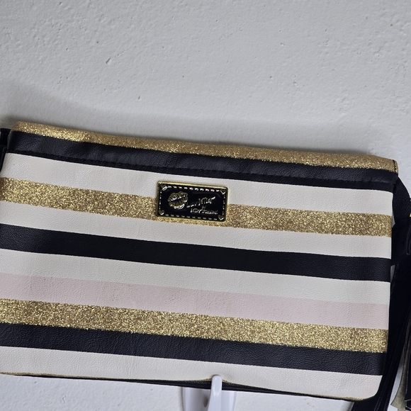 Luv Betsy By Betsy Johnson Wristlet Wallet Clutch Black White Tan Gold Sparkle - Picture 2 of 4